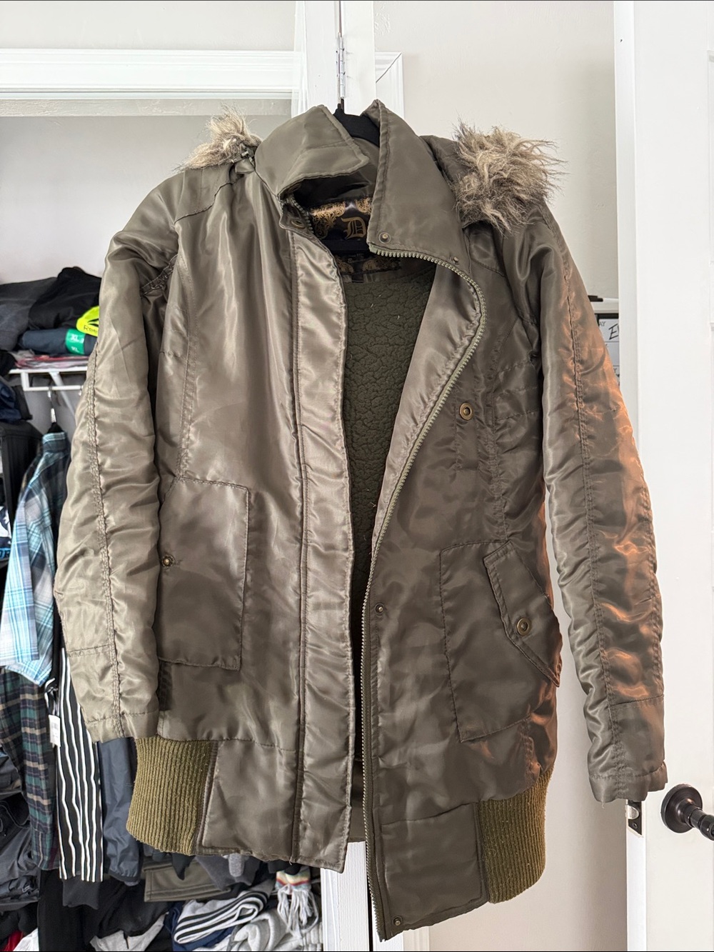 Dollhouse Olive Green Hooded Field Jacket with Faux Fur Trim